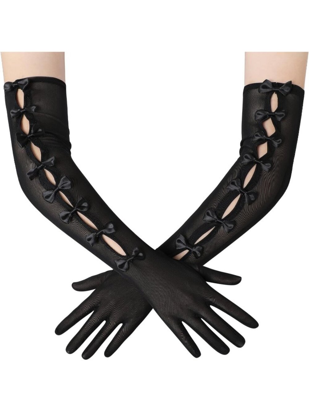 Womens Black Long Tulle Mesh Opera 1920s Flapper Cutout Ribbon Bows Lace Gloves